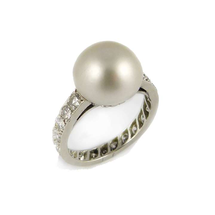 Single stone natural pearl & diamond ring,
